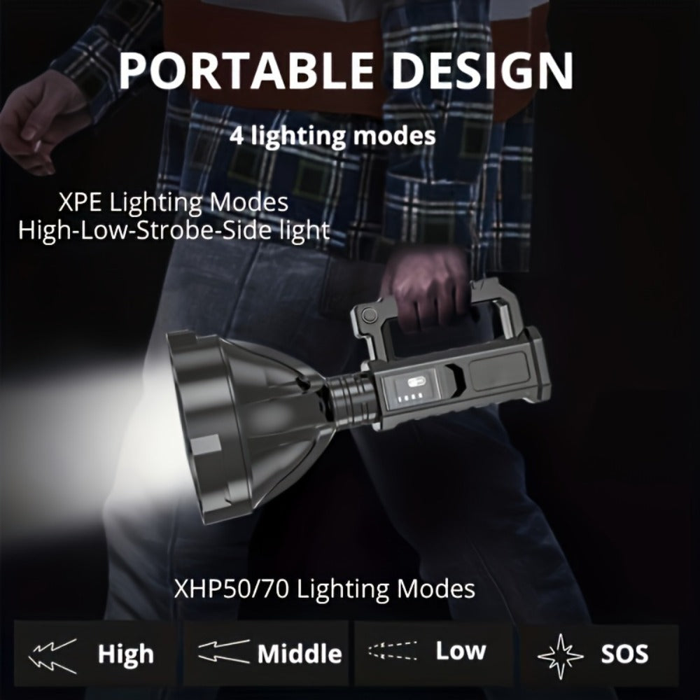 XHP90 High Power LED Flashlight USB Rechargeable Powerful Spotlight Searchlight – 4 Modes, Camping Lantern Torch with Bracket for Fishing Camping Hiking Hunting Outdoor Adventure Patrol