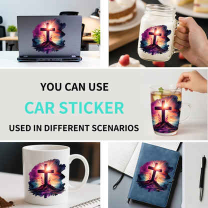 Car Window Decals Vinyl Cross Sunset Sky Stickers – Funny Bumper Sticker for Cars, Trucks & SUVs, Waterproof Outdoor Vinyl Decal, Christian Faith Mountain Scene, 1pc or 4pcs Set