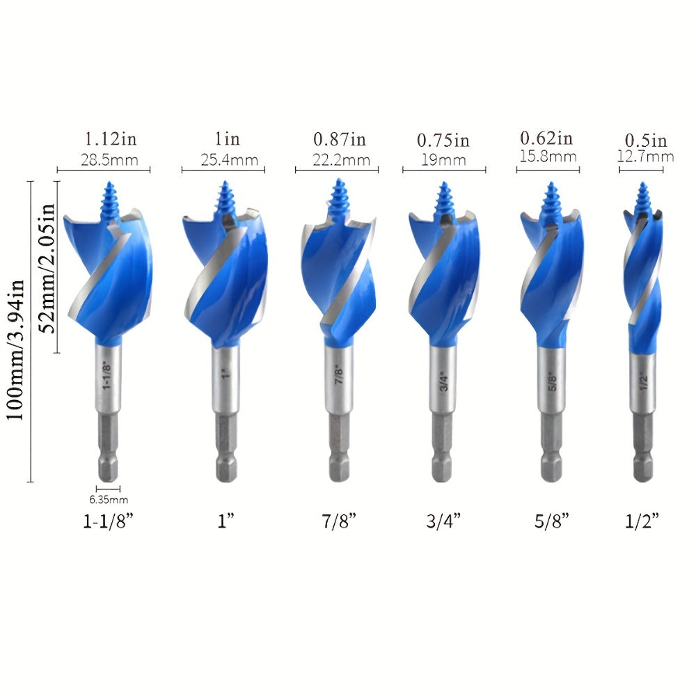 Impact Drill Bit Set 6-Piece Woodworking – 1/2" to 1" Interchangeable Screwdriver Bits, 4-Inch Length with Storage Box, Multi-Size Spade Bit Kit for Wood Drilling & DIY Projects