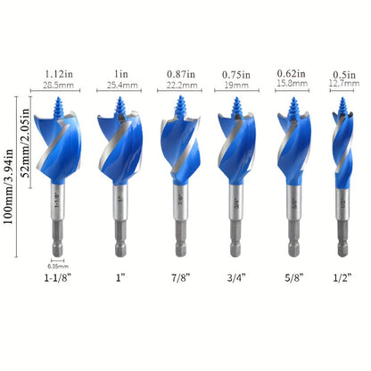 Impact Drill Bit Set 6-Piece Woodworking – 1/2" to 1" Interchangeable Screwdriver Bits, 4-Inch Length with Storage Box, Multi-Size Spade Bit Kit for Wood Drilling & DIY Projects