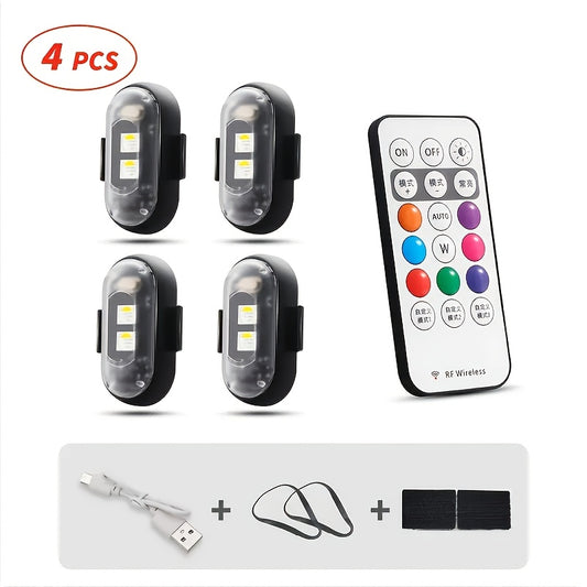 4-Pack Car Wireless LED Strip Light Remote Control | Magnetic Vibration Lights With 8 Colors, USB Rechargeable, IP65 Waterproof, Impact-Resistant Warning Lights, Suitable For Car Interiors, Trucks, Motorcycles, Drones, Aircraft, Bicycles