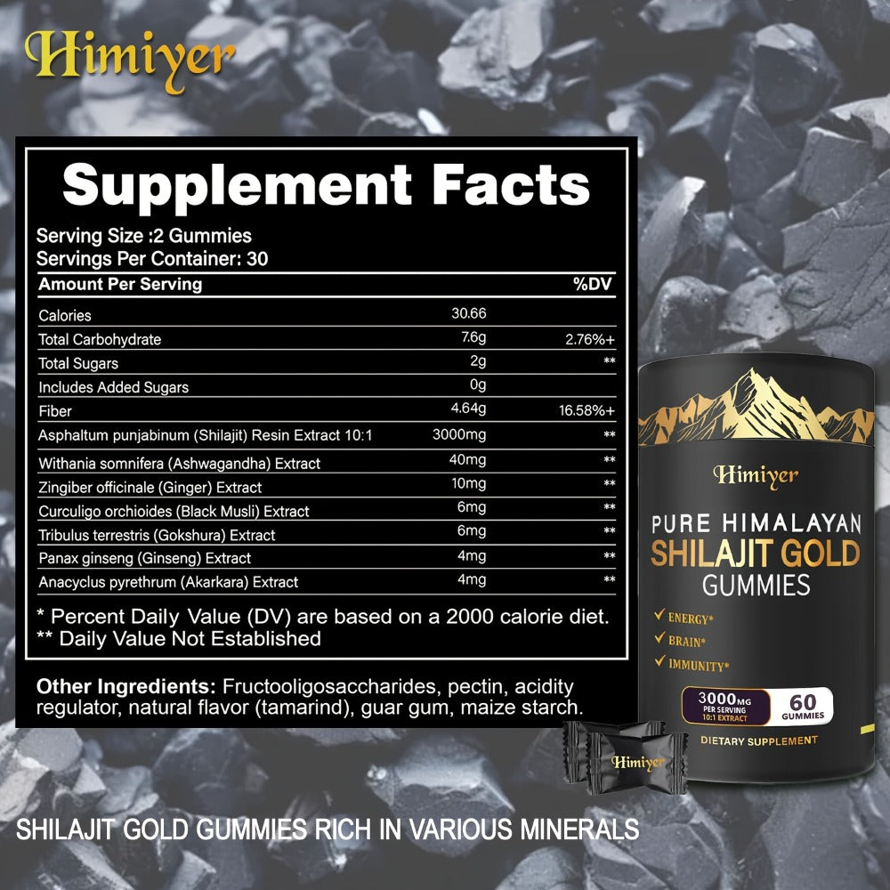 Pure Himalayan Shilajit Gummies with KSM-66 Ashwagandha, Ginseng & Gokshura – 85+ Trace Minerals, 75% Fulvic Acid | No Added Sugar | Energy & Vitality Supplement for Men & Women | 1 or 2 Bottles