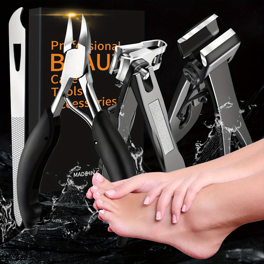 Heavy Duty Toenail Clippers Set 3 Piece for Thick Nails — Wide Jaw Stainless Steel Straight & Angled Nail Clipper with Nail File, Large Nail Cutter for Men Seniors Women Ingrown Toenail Pedicure Tool