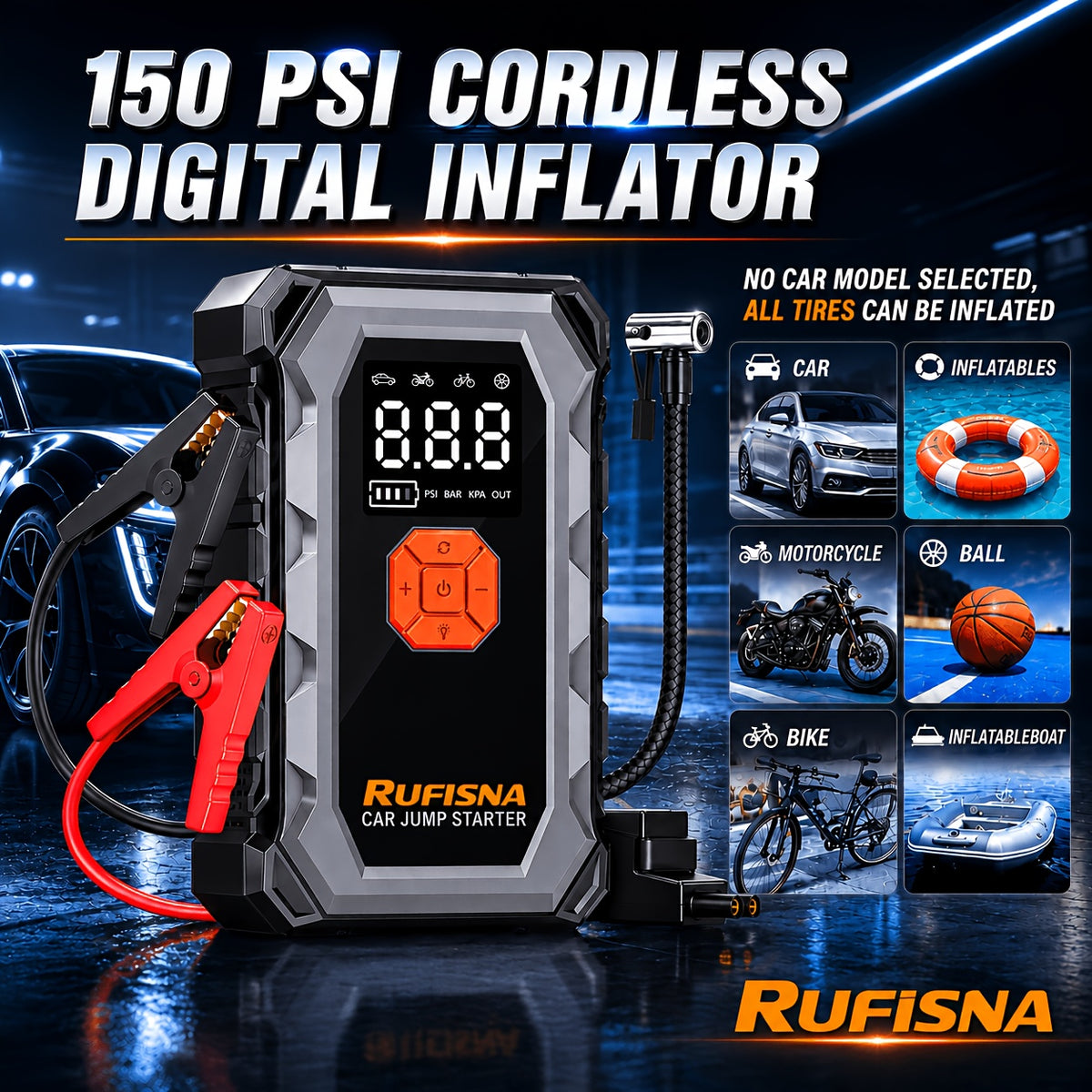 15000A-18000A Peak Jump Starter with Air Compressor, 12V Car Battery Charger, 150 PSI Fast Tire Inflator, All-in-One Emergency Power Bank, LED Flashlight, USB Output, Heavy Duty Jump Starter for Gas & Diesel Cars, SUV, Truck, Roadside Rescue Kit.