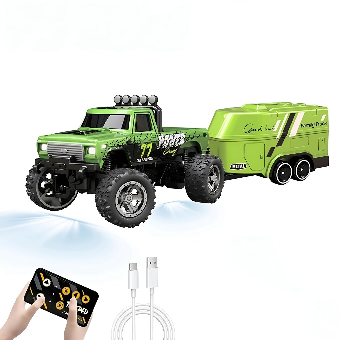 Mini RC Off-Road Truck with Trailer 1:64 Scale Die-Cast Remote Control Car – 2.4GHz Climbing Vehicle with Lights Rechargeable Adjustable Speed | Pocket-Sized RC Toy for Boys | Best Birthday Christmas Gift
