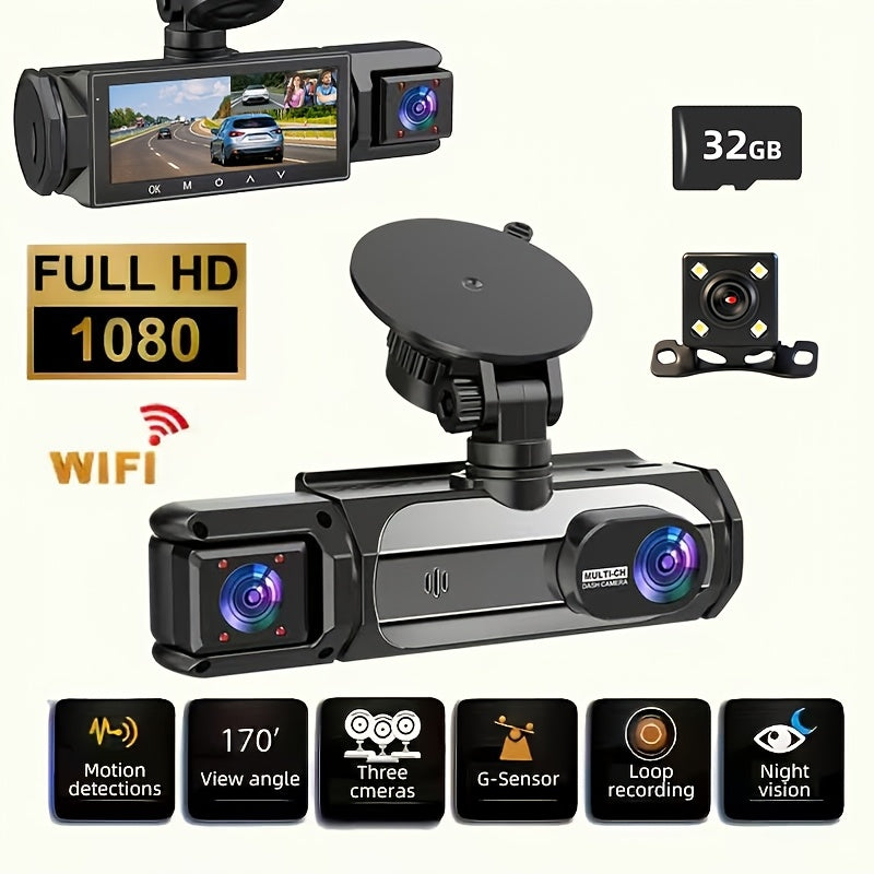 1080P Dash Cam with 3 Cameras Front Built-In Rear Infrared Night Vision 170° Wide-Angle Built-In Audio 32GB Card Connection to Smartphone Loop Recording G-Sensor 24 Parking Monitor