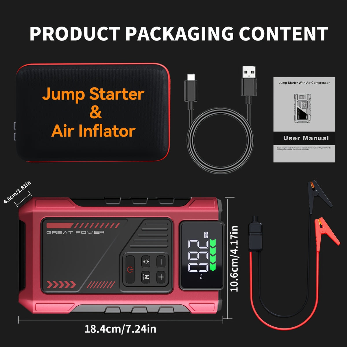 9-in-1 Portable Jump Starter with Air Compressor, 12V Car Battery Jump Starter, Portable Car Battery Charger, Fits 2.11gal Gas/ 1.72gal Diesel Fast Car Starting, USB Input & Output, LED Emergency Light, Auto Accessory Tool, Christmas Gift