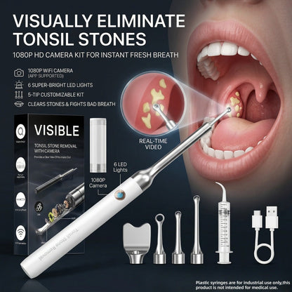 Tonsil Stone Remover with Camera 1080P HD Visual Oral Care Kit - 6 LED Lights, 5 Stainless Steel Tips, Wi-Fi App Control, USB-C Rechargeable Bad Breath Treatment Tool for iOS & Android