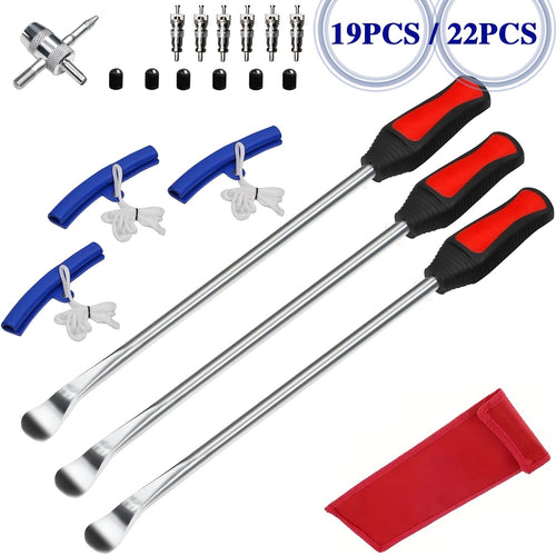 14.5in 19pcs/11.5in 22pcs Tire Spoons Iron Set, Steel Tire Changing Removal Tool for Dirt Bike Lawn Mower Motorcycle|Tire Spoon Lever|Rim Protector|Valve Tool|Valve Cores|Tire Valve Stem TR414&Caps