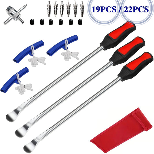 14.5in 19pcs/11.5in 22pcs Tire Spoons Iron Set, Steel Tire Changing Removal Tool for Dirt Bike Lawn Mower Motorcycle|Tire Spoon Lever|Rim Protector|Valve Tool|Valve Cores|Tire Valve Stem TR414&Caps