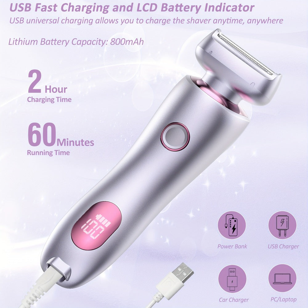 Bikini Shaver for Women Waterproof Rechargeable Stainless Steel Blade Electric Body Hair Razor – Wet & Dry Pubic Legs Arms Underarm Hair Removal, Portable Close Shave Purple