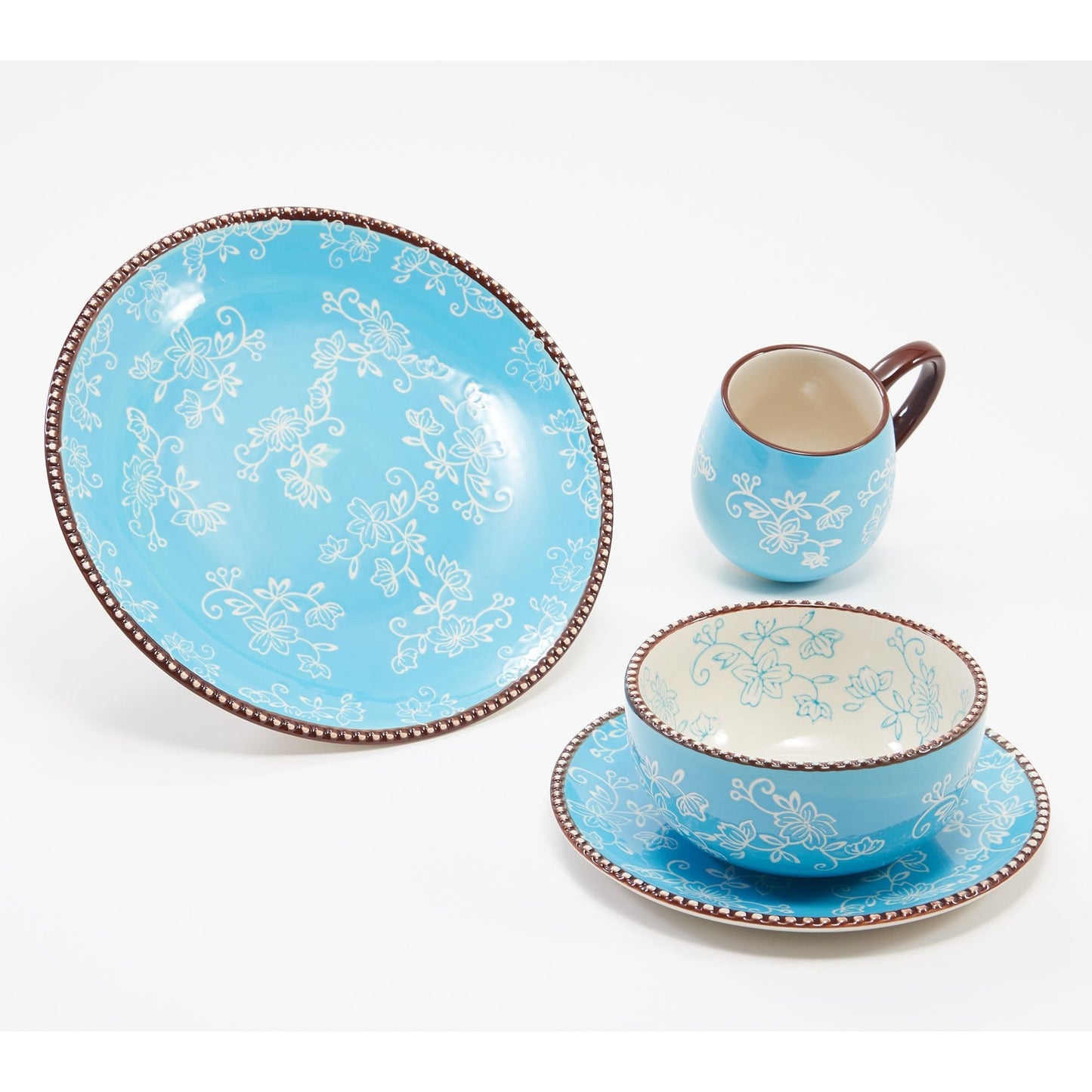 Floral Lace Dinnerware Set 16 Piece Essential Plates Bowls Mugs Complete Table Service for 4 Elegant Taupe Floral Design Dishwasher Safe Ceramic Dinnerware for Home Kitchen Dining