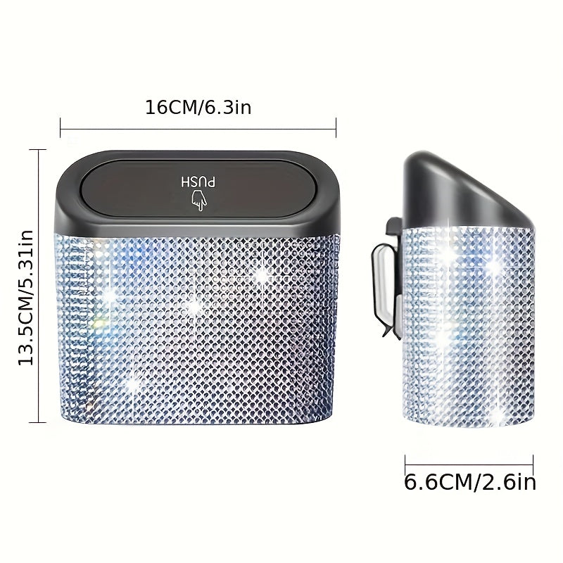 3pcs/Set 1pc Sparkling Rhinestone Car Trash Can with Lid, Plus 2 Trash Bag-Concealed Hanging Interior Storage Bin, Versatile Car Additions, Leakproof Automotive Garbage Container Bin, Storage Bin for Vehicle Interior, Door, Seat Back, Home, Office