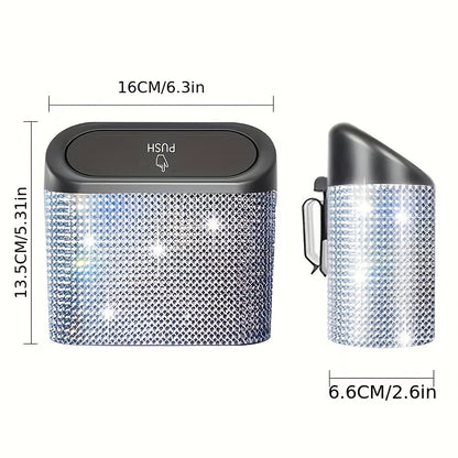 3pcs/Set 1pc Sparkling Rhinestone Car Trash Can with Lid, Plus 2 Trash Bag-Concealed Hanging Interior Storage Bin, Versatile Car Additions, Leakproof Automotive Garbage Container Bin, Storage Bin for Vehicle Interior, Door, Seat Back, Home, Office