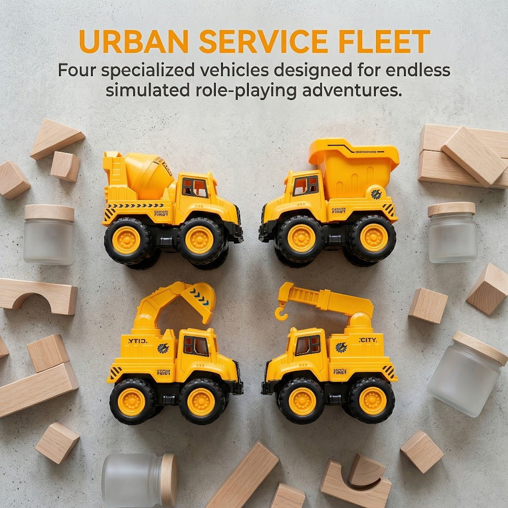 4-Piece Construction Truck Set for Kids – Excavator Dump Truck Crane Cement Mixer Sandbox STEM Engineering Vehicle Playset, Toddler Boy Girl Birthday Gift Ages 3+