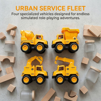 4-Piece Construction Truck Set for Kids – Excavator Dump Truck Crane Cement Mixer Sandbox STEM Engineering Vehicle Playset, Toddler Boy Girl Birthday Gift Ages 3+