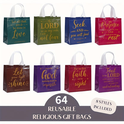 Bible Verse Gift Bags Bulk 32 or 64pcs | 8 Colors Reusable Christian Religious Gift Bags with Handles for Women | Medium Non-Woven Church Bags for Baptism, Wedding, Party Supplies, VBS, Faith Events