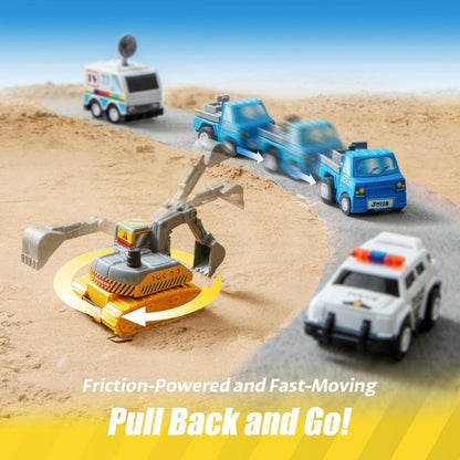 18-Piece Pull Back Mini Cars Set for Kids – City Vehicles Fire Truck Police Car School Bus Freight Train, Friction Powered Toy Cars Boys Girls Ages 3+ Party Favors Gift