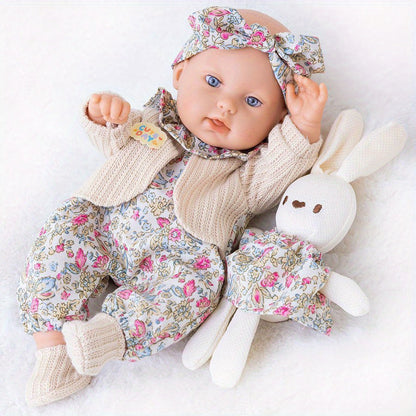 Floral Dress Baby Doll 12 Inch with Rabbit Plush Toy Gift Set – Realistic Vinyl Doll with Floral Outfit, Headscarf, Socks & Bunny Toy, Creative Dress-Up Playset for Girls Ages 3+, Birthday Holiday Gift