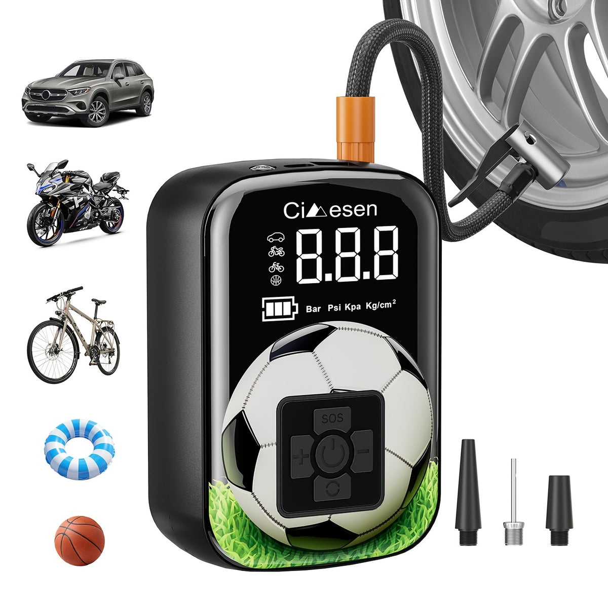 1pc Tire Inflator Portable Air Compressor, Fast Cordless Air Pump, Digital Display With Multi-function Nozzle Adapter And Long-lasting Lithium Battery For Car Motorcycle Bicycle Tire Ball, Auto Parts