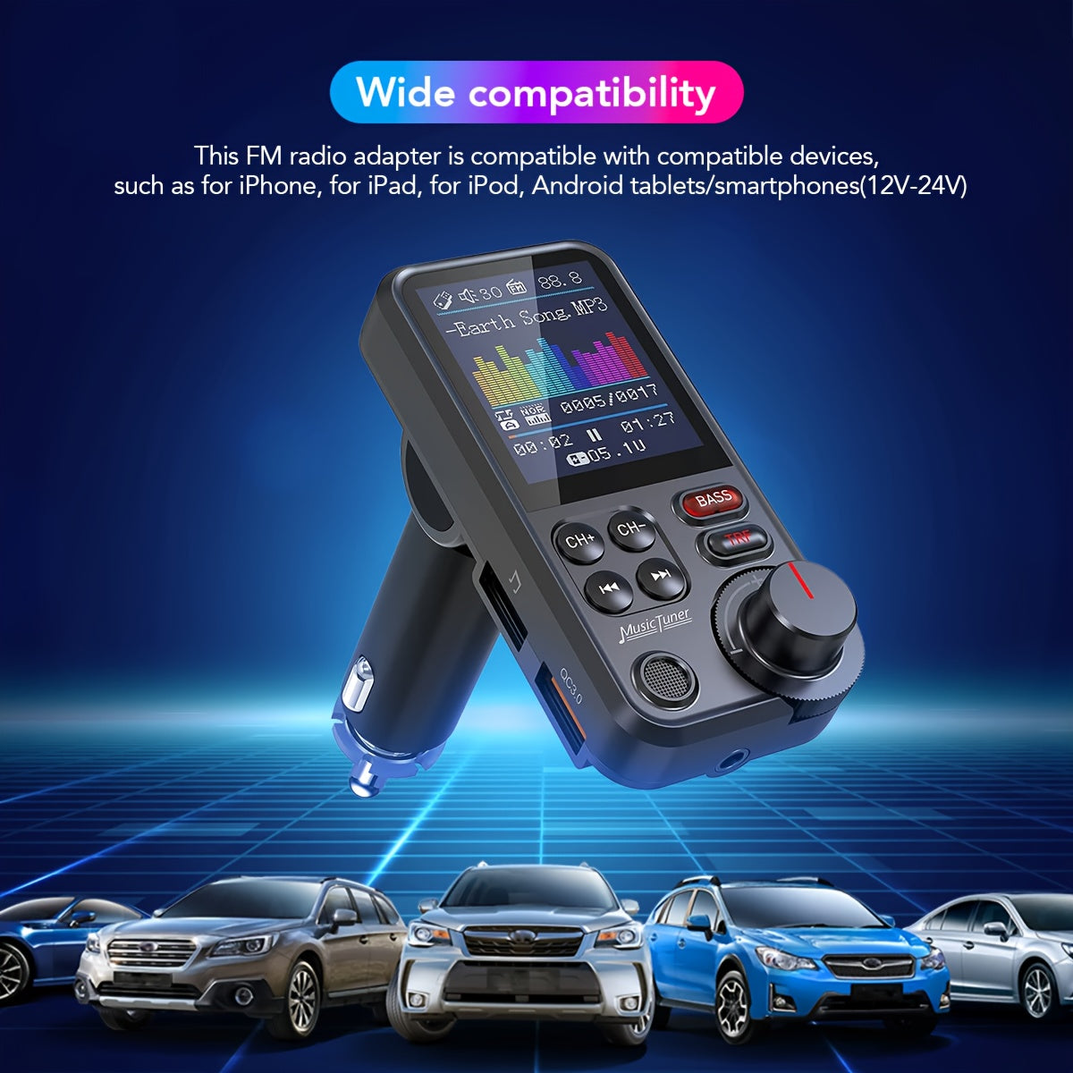 for Car FM Wireless Transmitter with 1.8” Color Screen, BT Wireless Adapter, Powerful Microphone, FM Modulator, 18W Car Charger Compatible, Hands-Free Calls & Music Streaming, Compatible for Smartphones/Tablets in Vehicle Stereo