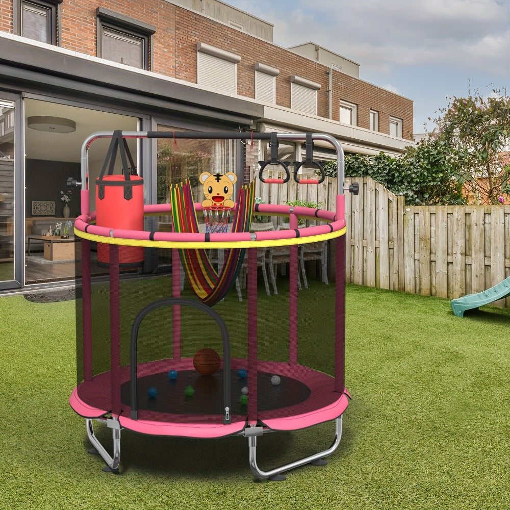 Kids Trampoline with Enclosure and Gymnastics Bar – 60" Height Adjustable Safety Net Trampoline for Toddlers Ages 3+, Indoor Outdoor Active Play with Toys Included | Best Birthday Gift