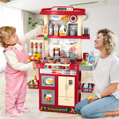 Play Kitchen Set with Lights Sounds & Spray – Toy Kitchen Playset with Oven Sink Fridge & Play Food for Kids Ages 3 4 5 6 7 8 – Imaginative Cooking Toy Holiday Gift