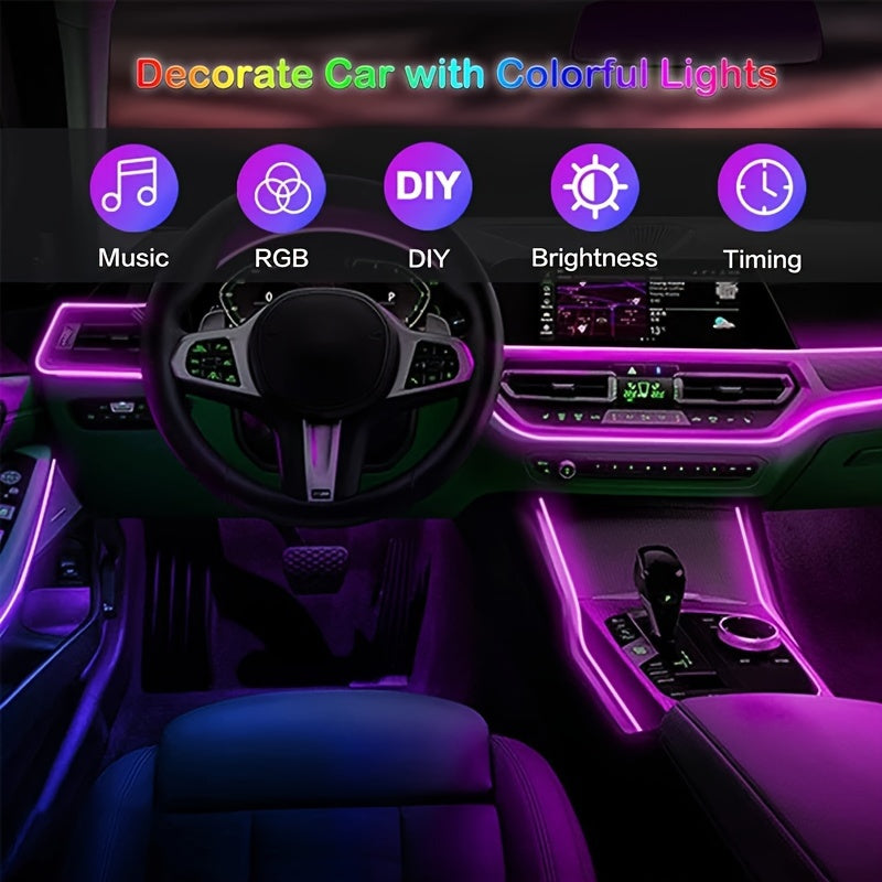 [APP Control LED Lights] RGB Car Accessories Neon Light With APP Control, 8-Color Changing (Dashboard + Roof Console), LED Car Lights, APP Application And USB Button With Voice Control RGB LED Automotive Ambient Lighting
