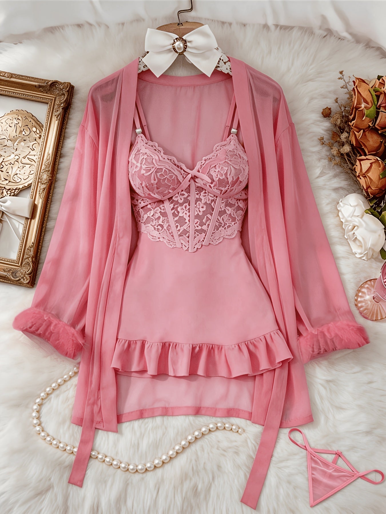 Women's 3-Piece Sheer Lace Babydoll Set - Robe and Panty