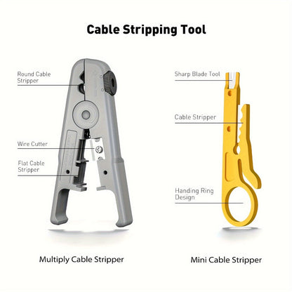 RJ45 Crimping Tool Kit Ethernet - CAT5/CAT5e/CAT6 Pass Through Crimper with Cable Tester, Wire Stripper, Pliers, Spare Blades, 50pcs CAT6 Connectors & Strain Relief Boots, Network Cable Kit