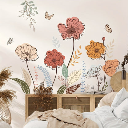Bohemian Flower Wall Stickers Self-Adhesive Peel and Stick - Wildflowers & Fruits Wall Art Decals for Living Room Bedroom TV Background - Removable Matte Boho Floral Wall Decoration Sticker