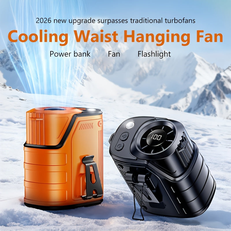 3-In-1 Portable Waist-Hanging Fan, Cooling And Heat Relief Fan for High-Temperature Outdoor Construction Sites, Rechargeable Small Fan with Digital Display, 3600Mah Long Battery, LED Flashlight, Camping Stuff, an Emergency Power Bank