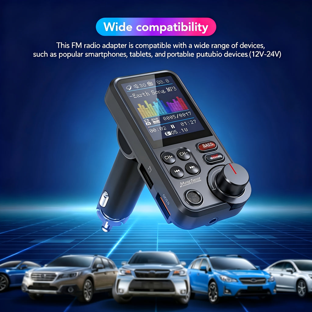 Car FM-BT 5.3 Transmitter with Enhanced Microphone, Wireless Car Adapter, 1.8" Color Screen, Hands-Free Calling, QC3.0 Fast Charging, Supports 64GB USB Drive & 64GB TF Card, And Bass/Treble Music Player.