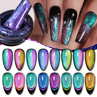 Magnetic Cat Eye Gel Nail Polish Set 8 Colors – Holographic Reflective Peacock Double-Light Effect, LED/UV Soak-Off Gel 0.51oz with Magnet Tool, Salon & Home Nail Art Gift Set for Women
