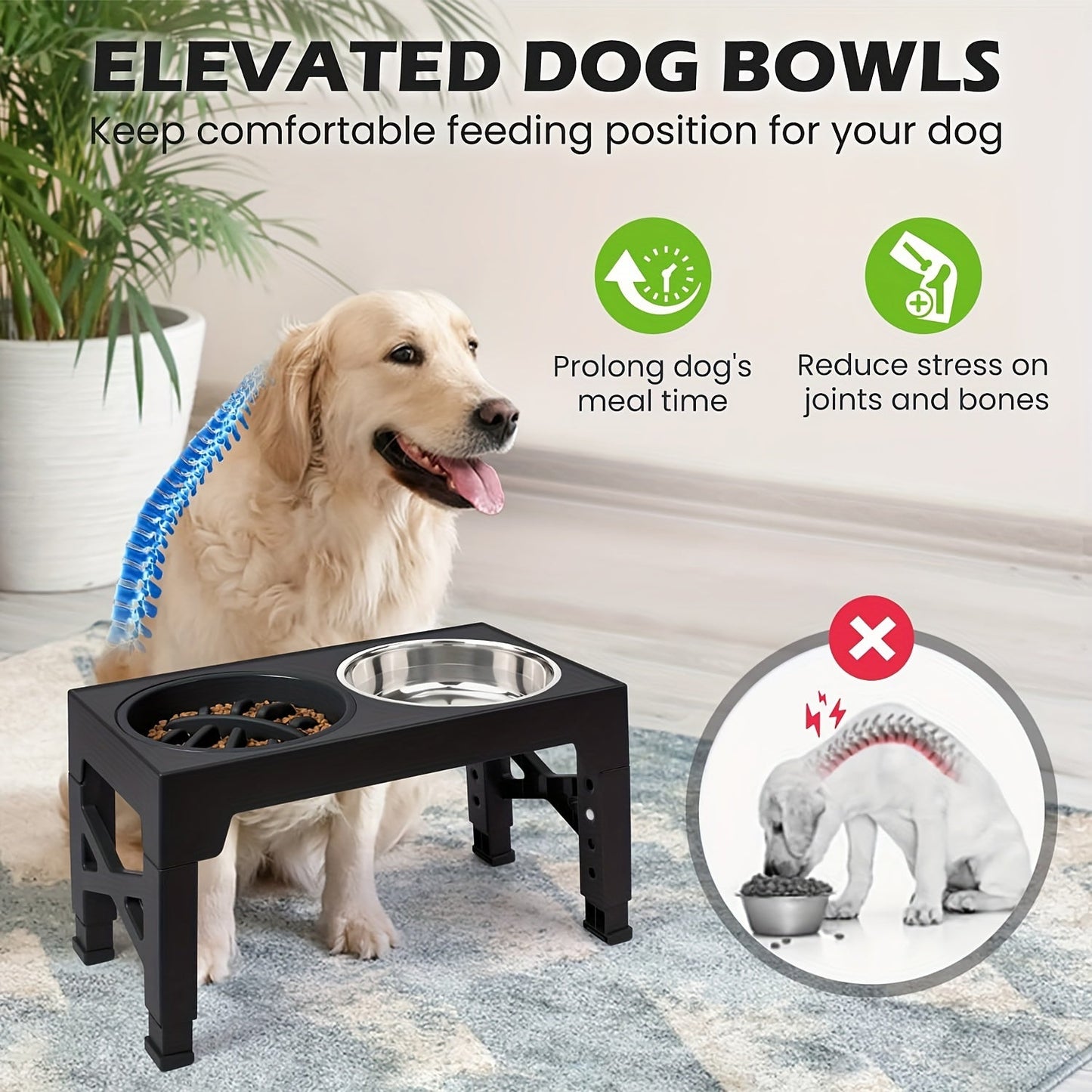Elevated Dog Bowl Stand with 3 Stainless Steel Bowls – 5 Adjustable Heights, Slow Feeder Design for Small Medium Large Dogs | Anti-Slip Raised Dog Feeder Station (Black & Gray)