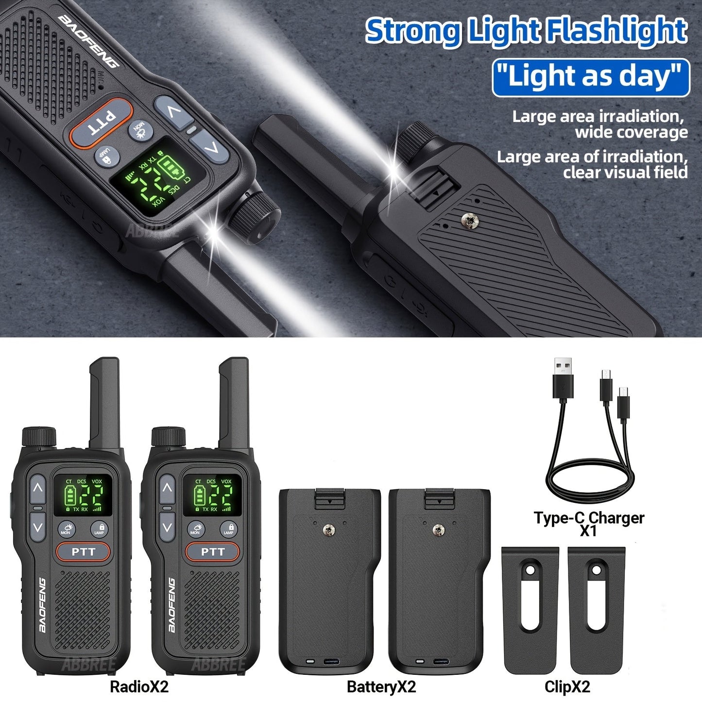 FRS Two Way Radio Rechargeable, BAOFENG BF-T18 Walkie Talkies Long Range with NOAA Weather Alert, VOX Hands-Free, 1500mAh USB-C Battery, LED Flashlight, for Hiking Camping Outdoor Adults 2 Pack
