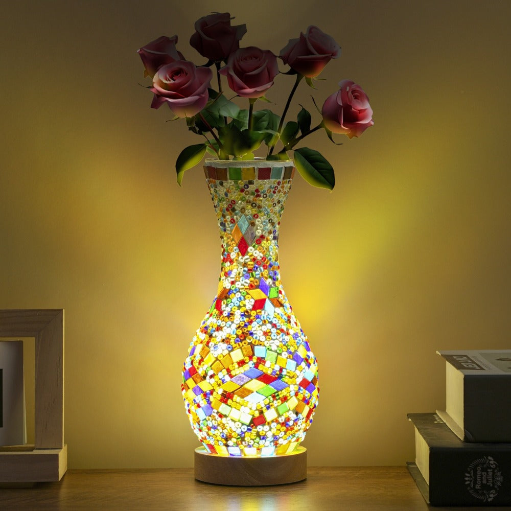Mosaic Vase Lamp Turkish Moroccan Handmade Colorful Glass Table Lamp with Wooden Base – USB Plug-In Boho Night Light, Flower Vase Lamp for Bedroom Living Room Decor, Bohemian Mosaic Desk Lamp Gift