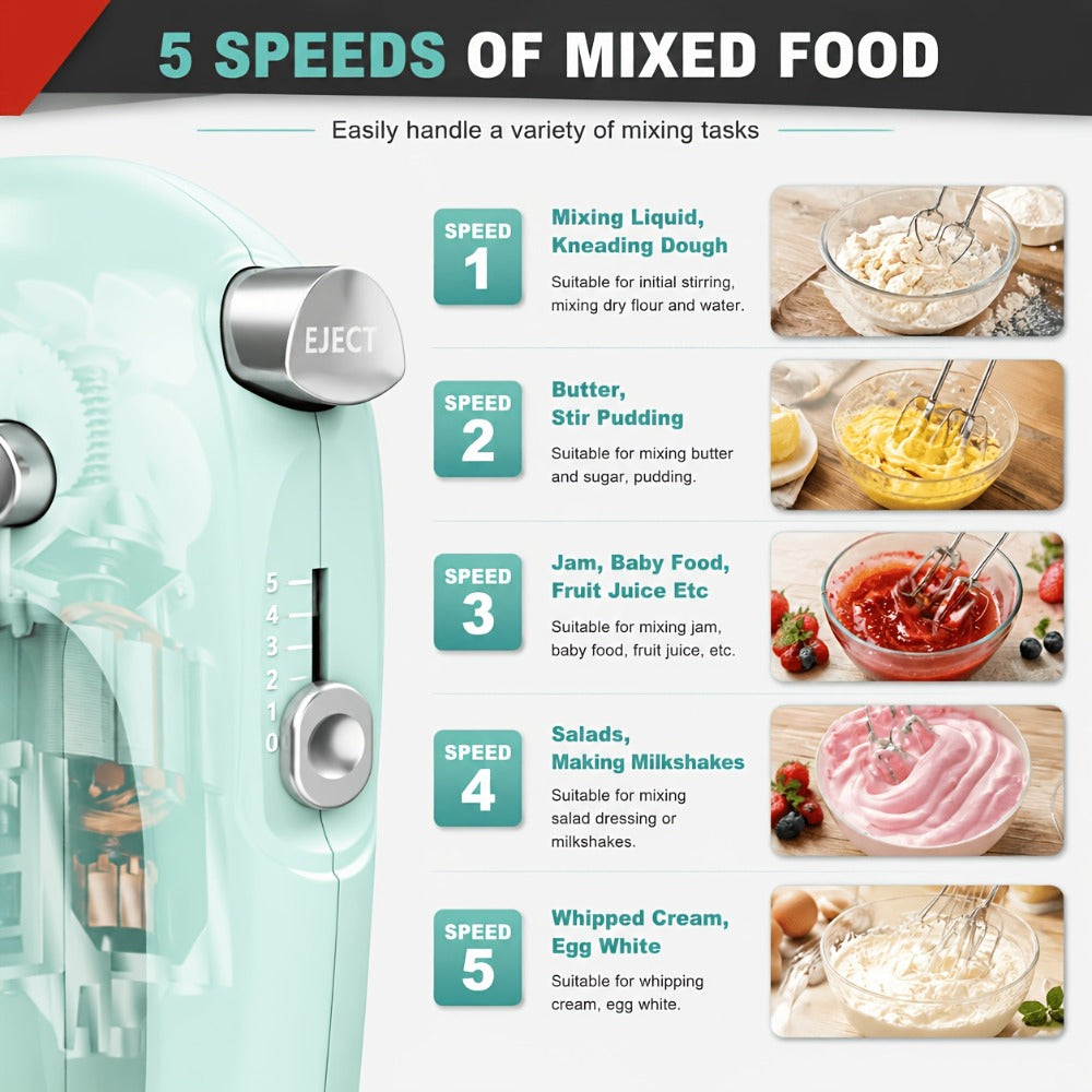 Electric Hand Mixer 5 Speed Turbo Boost - 5 Stainless Steel Accessories, Optional Storage Case, Handheld Mixer for Cookies, Cake, Bread & Baking, Kitchen Gift in 5 Colors Pink Green Purple Black