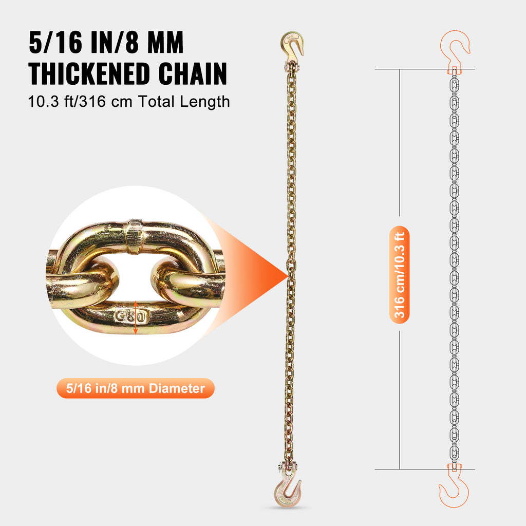 VEVOR Binder Chain G80 Tie Down Tow Chain with Two Hooks 5/16" x 14.2/10.3' 4900 lbs /3/8" x 10.3' 7100 lbs