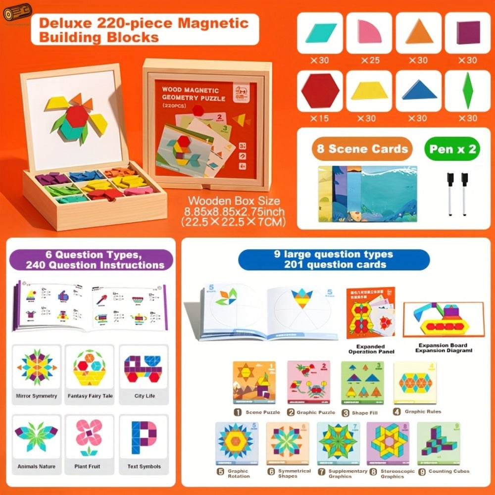 Magnetic Wooden Puzzle Blocks 128 180 220 Piece Set – Geometric Figures Cognitive Learning STEM Toy for Kids, Creative Jigsaw Building Gift for Toddlers & Children