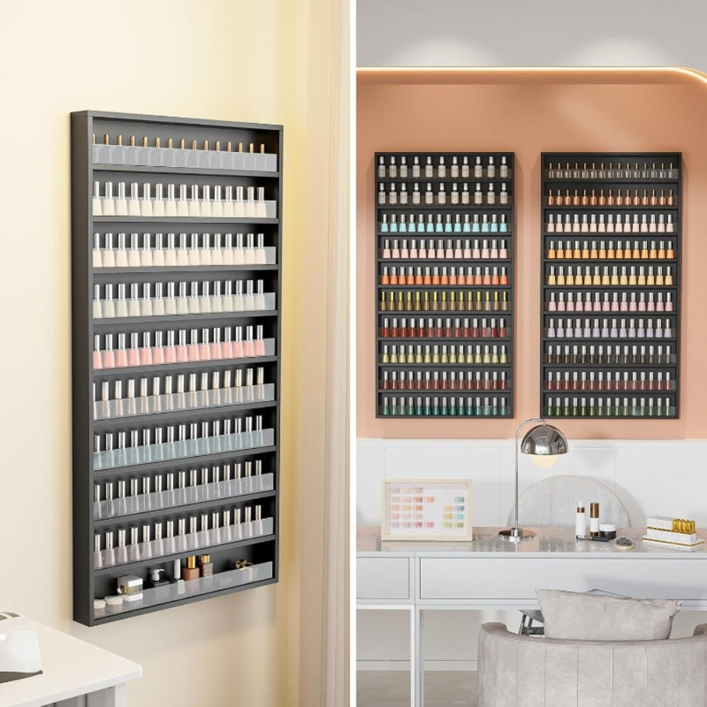 Nail Polish Rack Wall Mount Organizer 6-Tier & 10-Tier with Acrylic Baffle – Salon Display Shelf for Nail Polish Storage, Home Nail Studio & Spa, Black White Pink