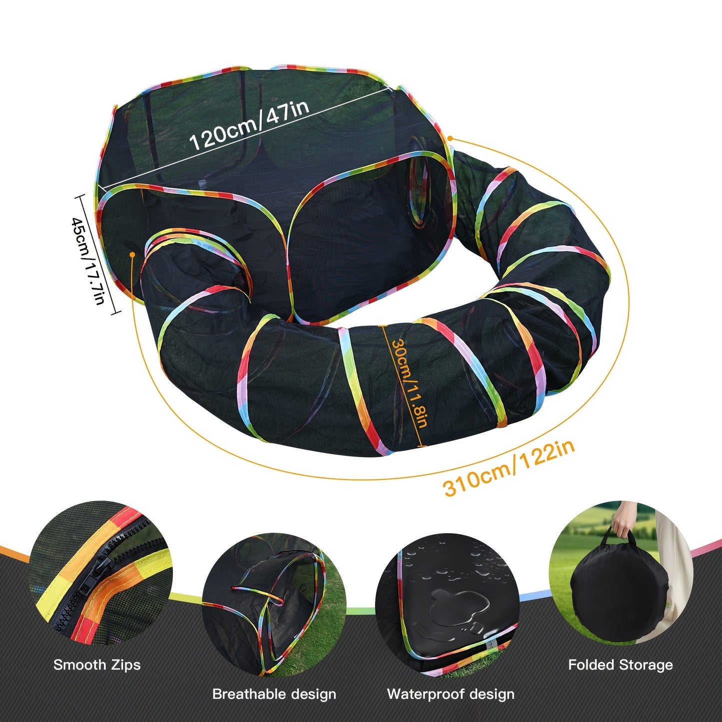 Outdoor Cat Enclosure with Tunnel - Rainbow Cat Playpen Tent with Circle Cat Tunnel for Cats Kittens & Small Animals, Portable Foldable Cat Outdoor Playground for Backyard Patio Garden