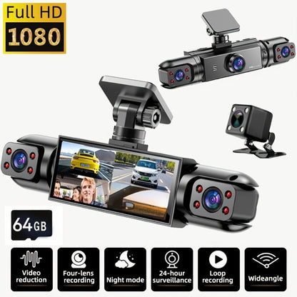 360° 4-Channel Dash Cam 1080P Front + 720P Rear Left Right Full Coverage, WDR Night Vision, G-Sensor, Loop Recording – Optional 64GB TF Card, Car Safety Driving Recorder