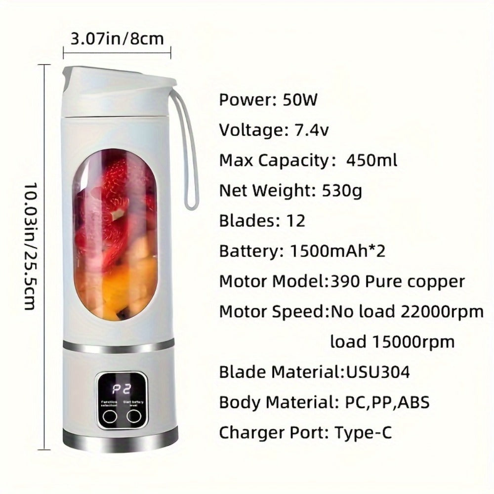 Portable USB Rechargeable Blender with LED Display – 15oz Personal Smoothie Blender for Shakes, Milkshakes & Fresh Juice, Compact Mini Blender for Home Gym Office & Travel, BPA-Free Cup