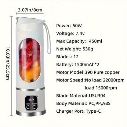 Portable USB Rechargeable Blender with LED Display – 15oz Personal Smoothie Blender for Shakes, Milkshakes & Fresh Juice, Compact Mini Blender for Home Gym Office & Travel, BPA-Free Cup
