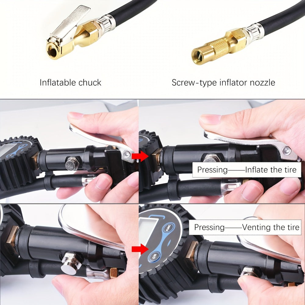 Digital Tire Inflator with Pressure Gauge 200 PSI – Cast Aluminum Pistol Grip Air Chuck, LCD Backlight, 4 Units (PSI/BAR/KPA/KGF), 3 Connectors for Car, Truck, Motorcycle & Bike
