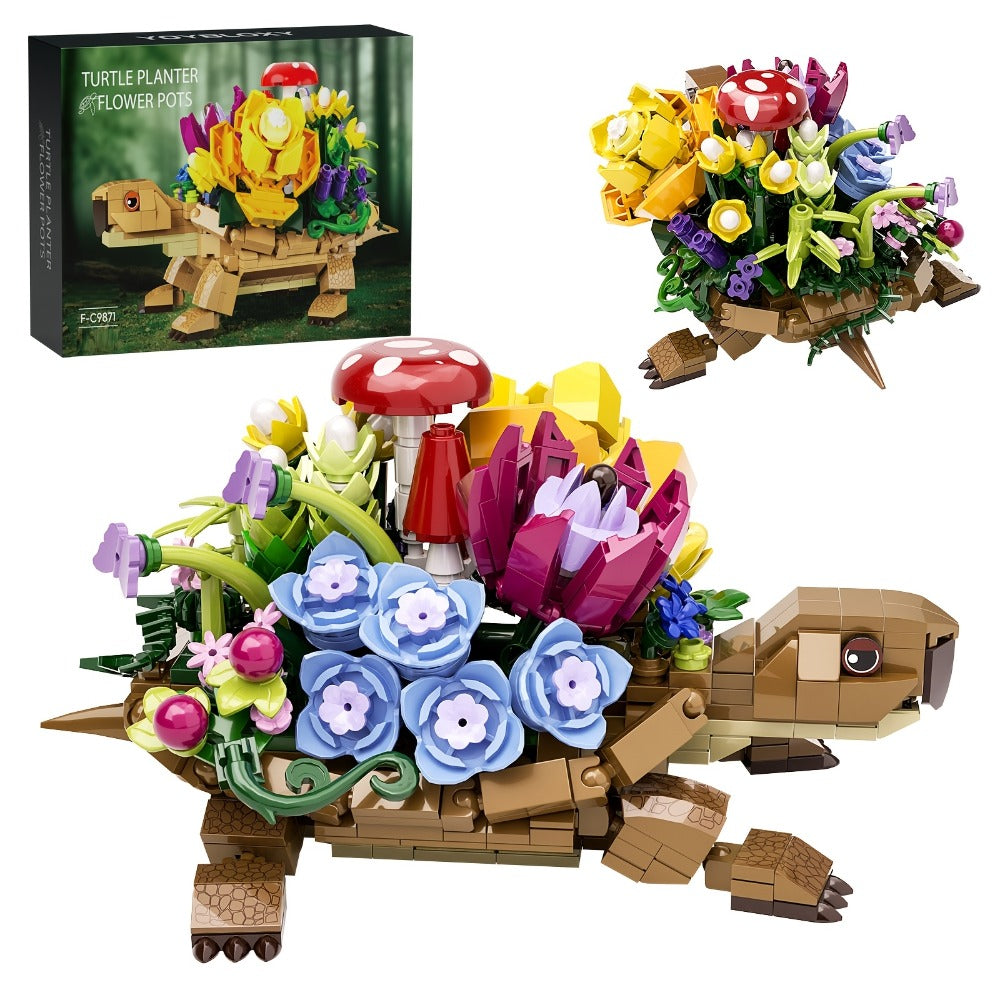 Turtle Flower Planter Building Block Set 510 Pieces – Cute Turtle Brick Puzzle Decor Toy, Unique Handmade Display Gift for Kids Teens Adults Birthday Valentine Christmas Halloween (Turtle Flower)