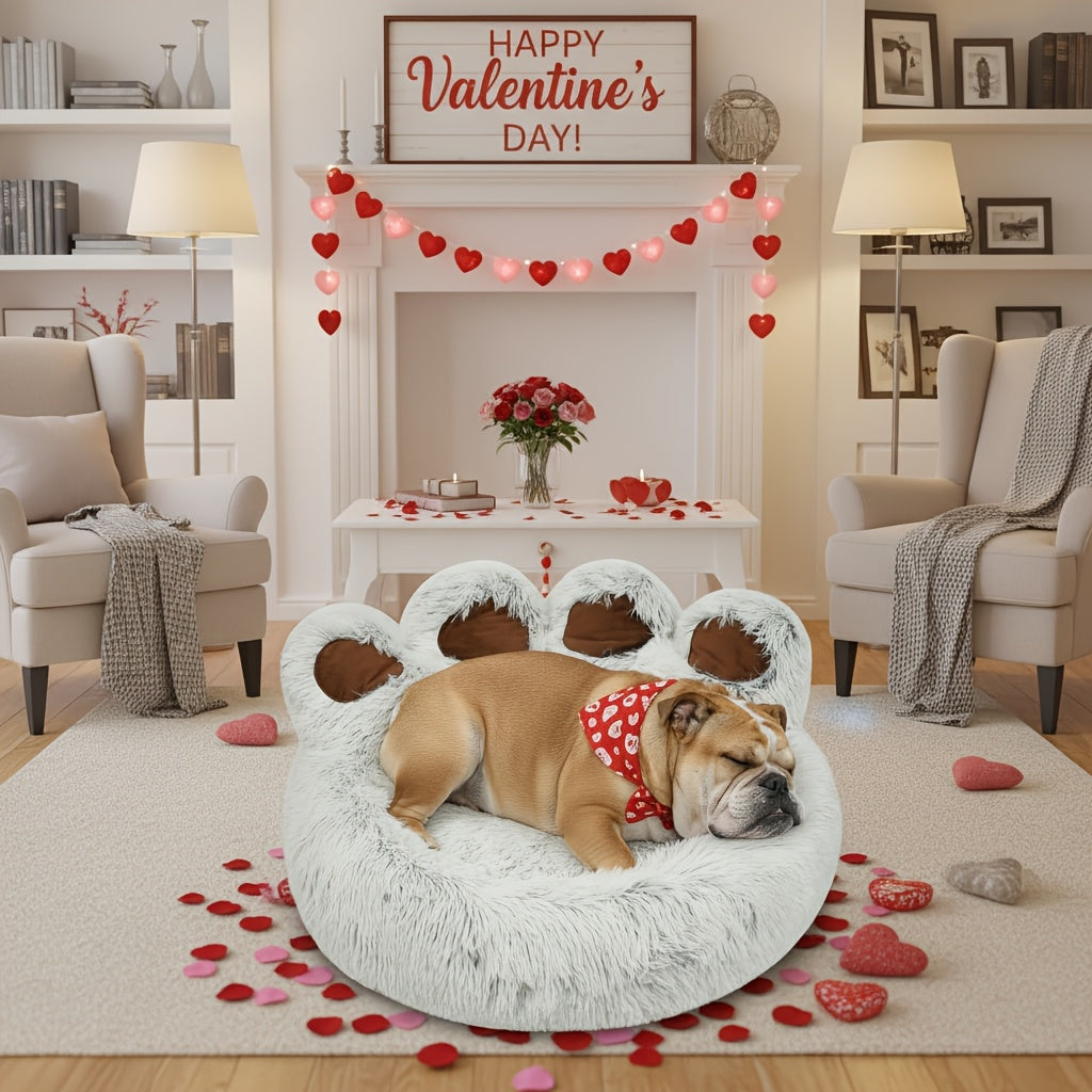 Dog Bed Cat Bed Bear Paw Shaped Donut – Calming Round Plush Pet Mattress, Warm & Soft Cuddler Bed for Dogs and Cats, Includes Pet Scarf, Sizes S to 2XL, Colors: Coffee, Pink, Grey, Brown