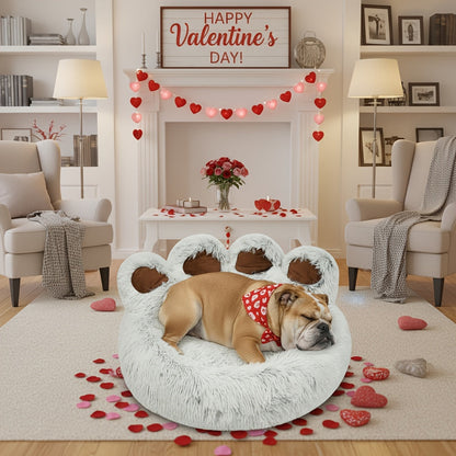 Dog Bed Cat Bed Bear Paw Shaped Donut – Calming Round Plush Pet Mattress, Warm & Soft Cuddler Bed for Dogs and Cats, Includes Pet Scarf, Sizes S to 2XL, Colors: Coffee, Pink, Grey, Brown