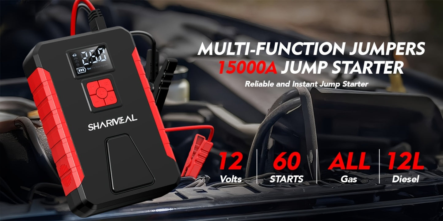 Portable Jump Starter with Air Compressor – 15000A-19000A Peak 350PSI 12V 17-in-1 Car Battery Jump Starter, Digital Display, LED Light & Smart Clamp for Cars Trucks SUVs